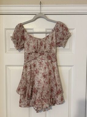 Altar'd State Cream Floral Puff Sleeve Mini Dress with Dusty Rose Print